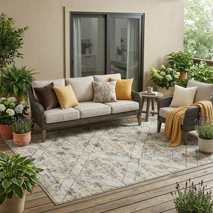 5' X 8' Beige And Sky Blue Geometric Washable Indoor Outdoor Area Rug HomeRoots