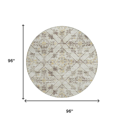 8' Beige And Sky Blue Round Geometric Washable Indoor Outdoor Area Rug HomeRoots