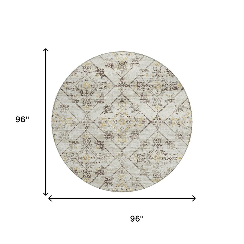 8' Beige And Sky Blue Round Geometric Washable Indoor Outdoor Area Rug — view 6