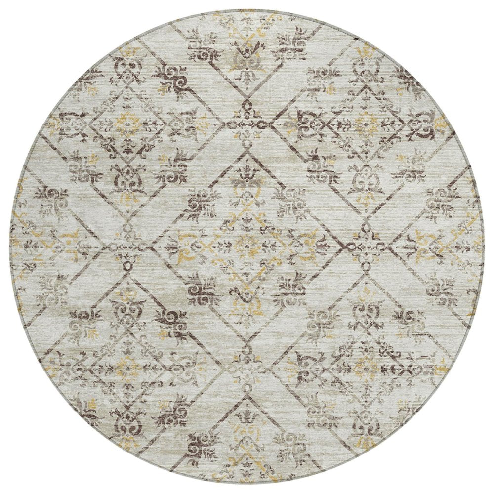 8' Beige And Sky Blue Round Geometric Washable Indoor Outdoor Area Rug