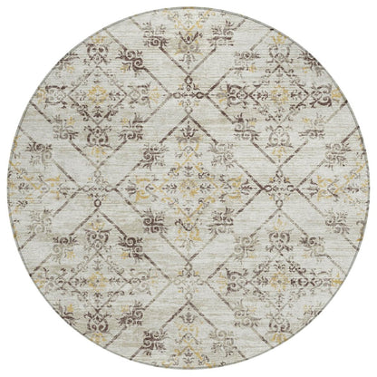 8' Beige And Sky Blue Round Geometric Washable Indoor Outdoor Area Rug