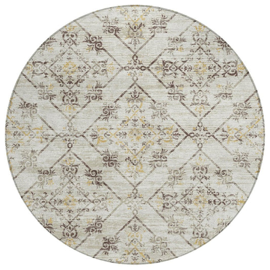 8' Beige And Sky Blue Round Geometric Washable Indoor Outdoor Area Rug