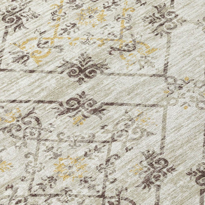 8' Beige And Sky Blue Round Geometric Washable Indoor Outdoor Area Rug