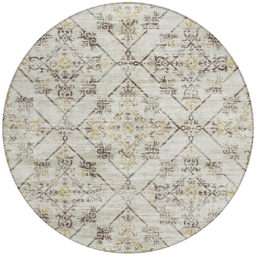 8' Beige And Sky Blue Round Geometric Washable Indoor Outdoor Area Rug HomeRoots