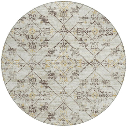 8' Beige And Sky Blue Round Geometric Washable Indoor Outdoor Area Rug