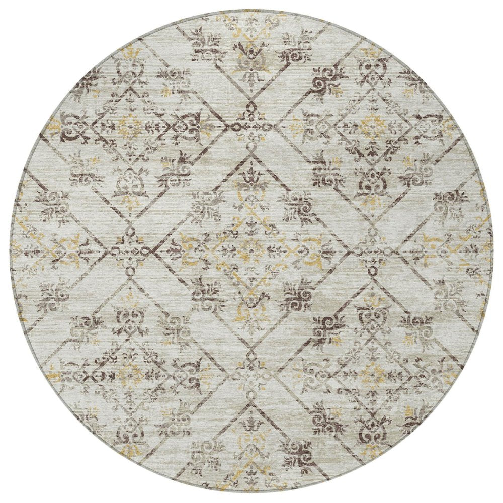 8' Beige And Sky Blue Round Geometric Washable Indoor Outdoor Area Rug — view 5