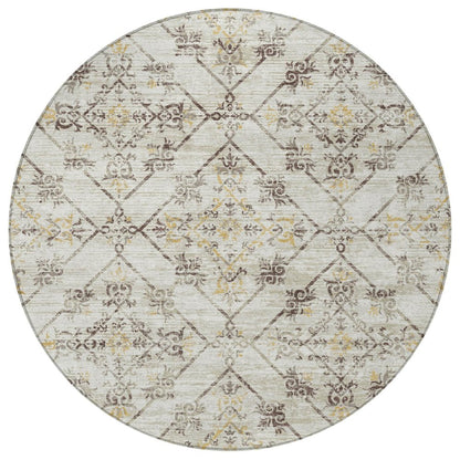8' Beige And Sky Blue Round Geometric Washable Indoor Outdoor Area Rug HomeRoots