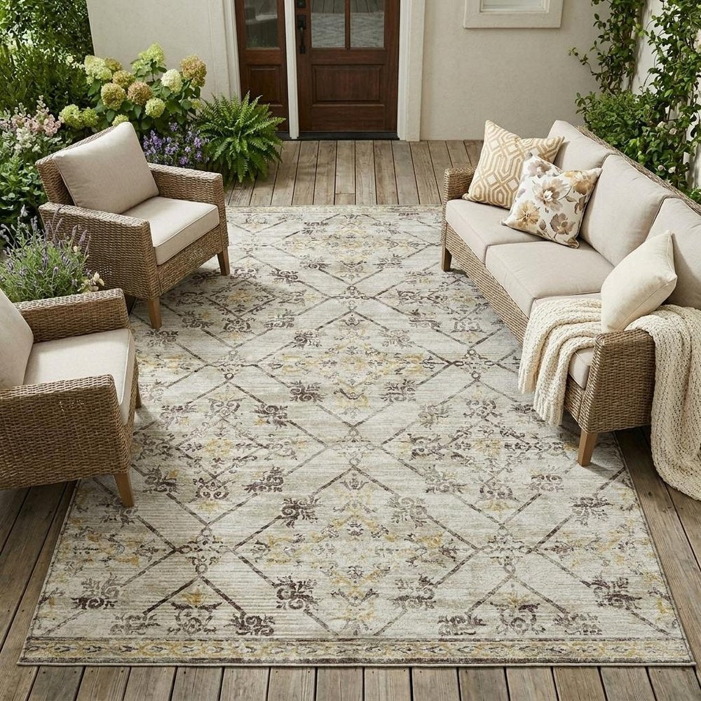 10' X 14' Beige And Sky Blue Geometric Washable Indoor Outdoor Area Rug HomeRoots