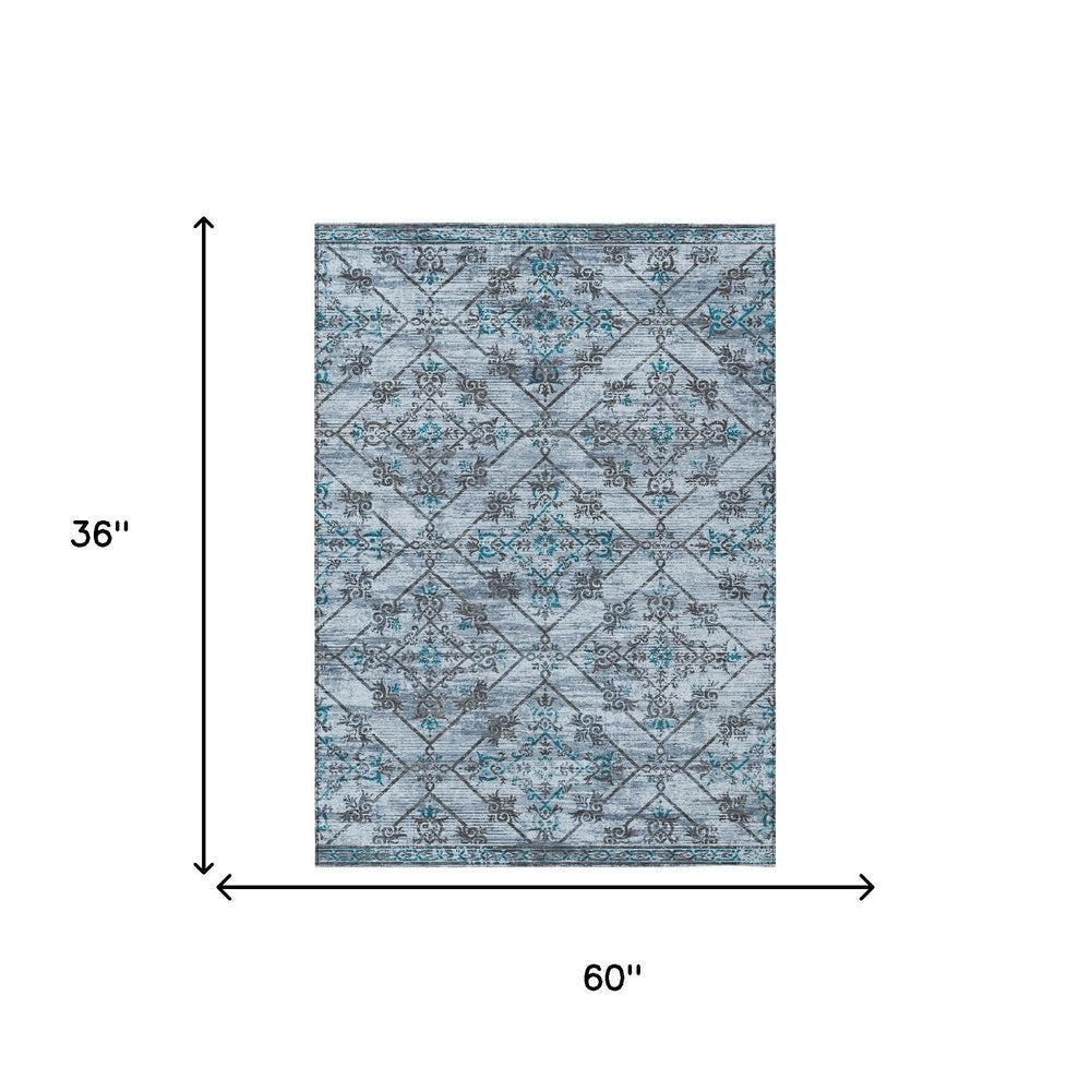 3' X 5' Denim Blue And Ivory Geometric Washable Indoor Outdoor Area Rug HomeRoots