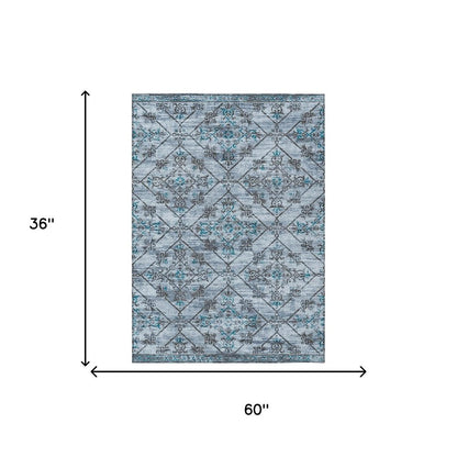 3' X 5' Denim Blue And Ivory Geometric Washable Indoor Outdoor Area Rug HomeRoots