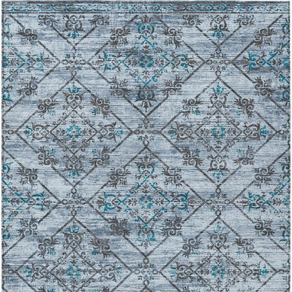 3' X 5' Denim Blue And Ivory Geometric Washable Indoor Outdoor Area Rug