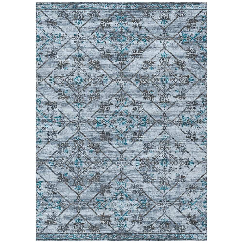 3' X 5' Denim Blue And Ivory Geometric Washable Indoor Outdoor Area Rug — view 1