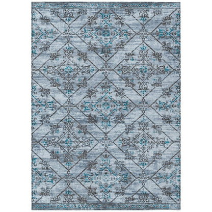 3' X 5' Denim Blue And Ivory Geometric Washable Indoor Outdoor Area Rug