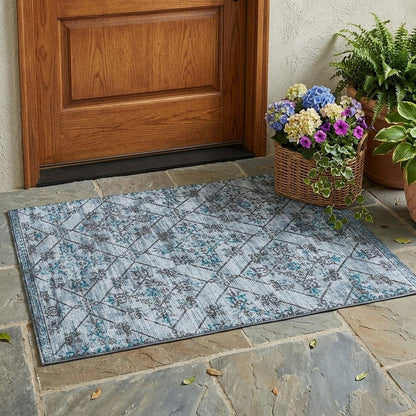 3' X 5' Denim Blue And Ivory Geometric Washable Indoor Outdoor Area Rug HomeRoots