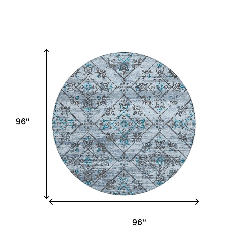 8' Denim Blue And Ivory Round Geometric Washable Indoor Outdoor Area Rug — view 7