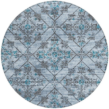 8' Denim Blue And Ivory Round Geometric Washable Indoor Outdoor Area Rug HomeRoots