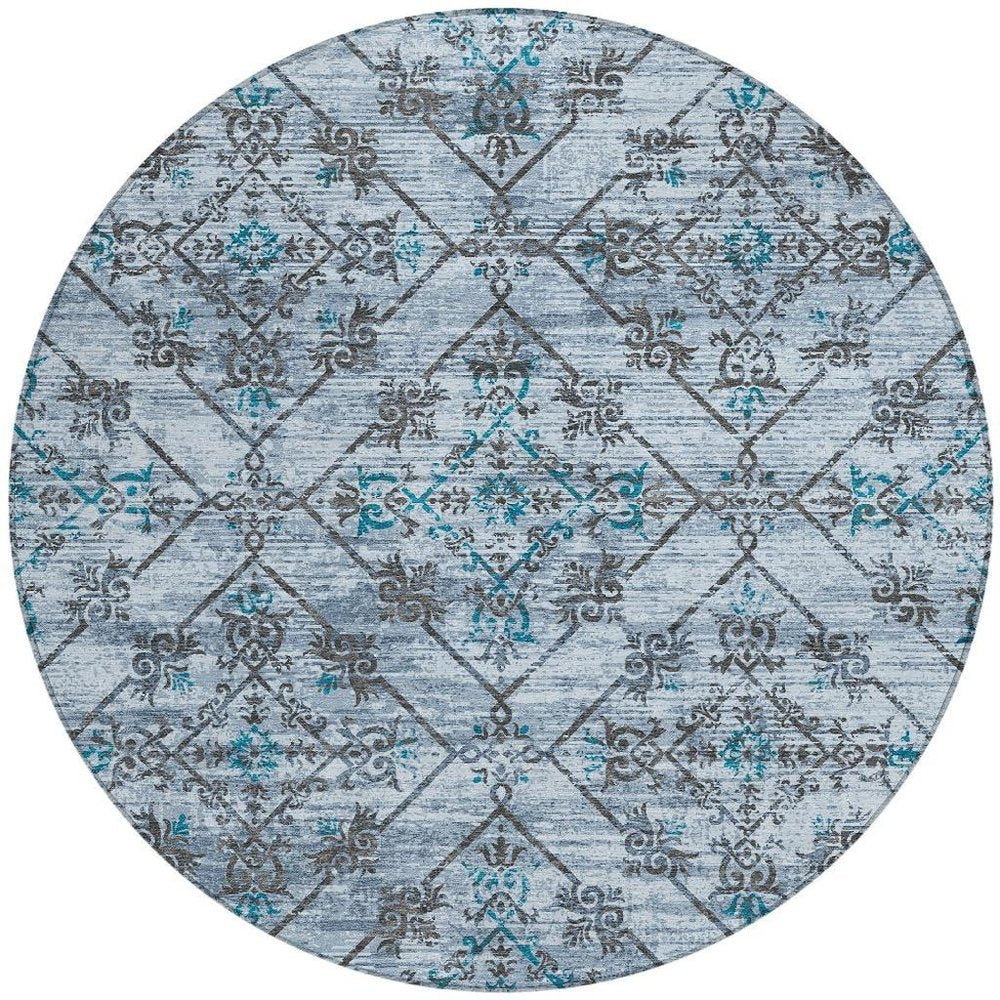 8' Denim Blue And Ivory Round Geometric Washable Indoor Outdoor Area Rug HomeRoots