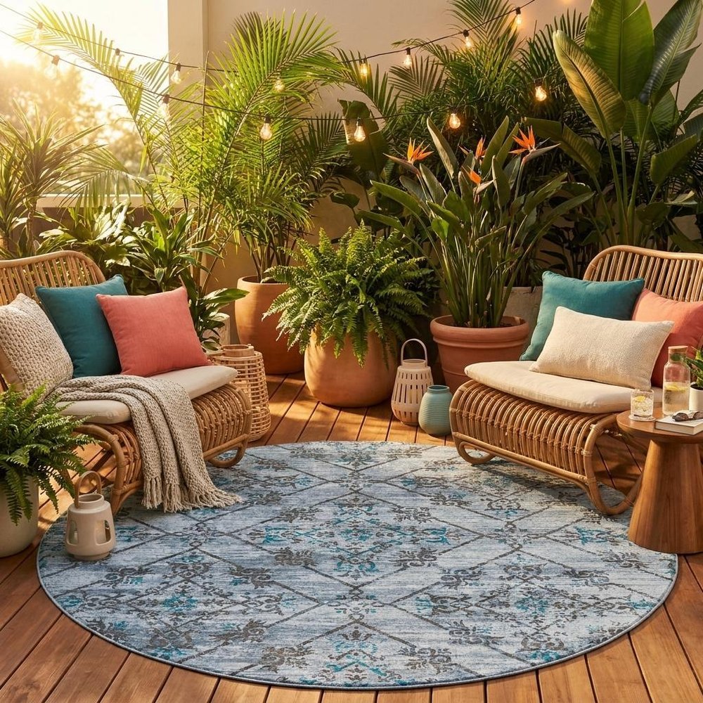 8' Denim Blue And Ivory Round Geometric Washable Indoor Outdoor Area Rug — view 9