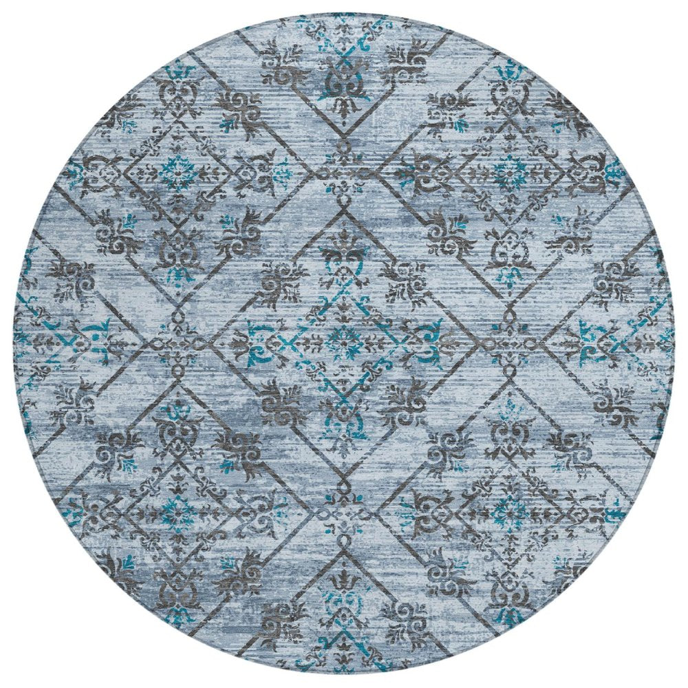 8' Denim Blue And Ivory Round Geometric Washable Indoor Outdoor Area Rug HomeRoots