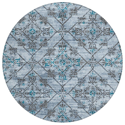 8' Denim Blue And Ivory Round Geometric Washable Indoor Outdoor Area Rug HomeRoots