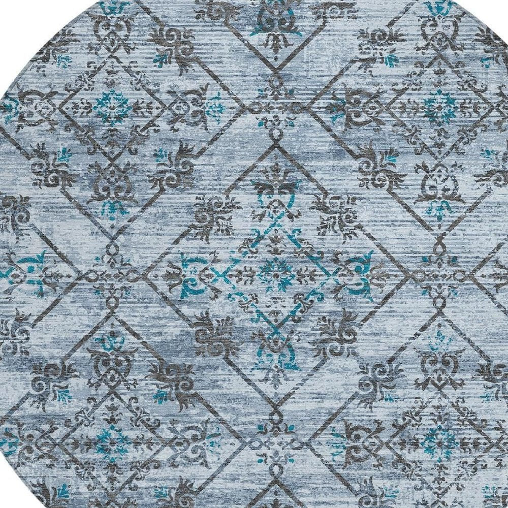 8' Denim Blue And Ivory Round Geometric Washable Indoor Outdoor Area Rug — view 12