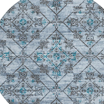8' Denim Blue And Ivory Round Geometric Washable Indoor Outdoor Area Rug HomeRoots
