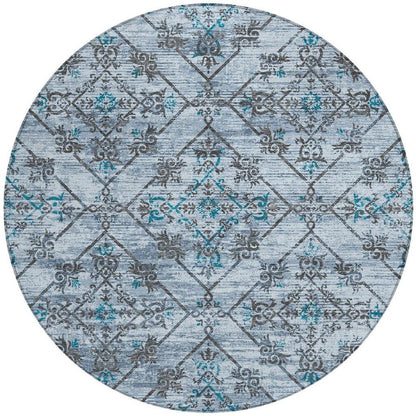 8' Denim Blue And Ivory Round Geometric Washable Indoor Outdoor Area Rug HomeRoots