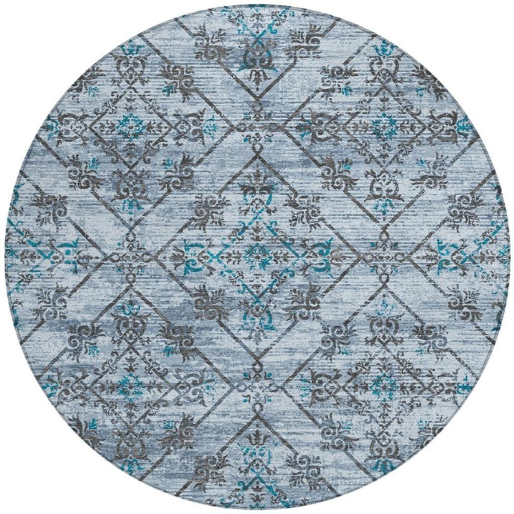 8' Denim Blue And Ivory Round Geometric Washable Indoor Outdoor Area Rug — view 13
