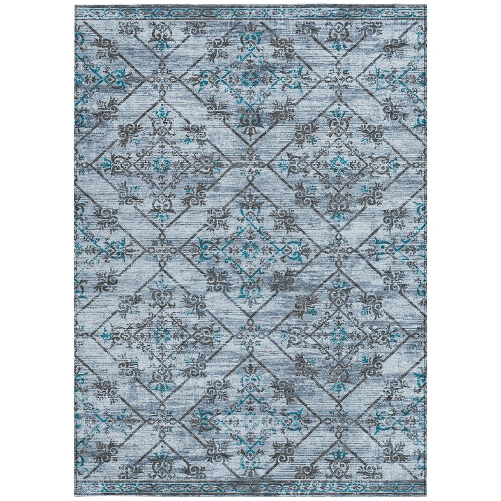 8' X 10' Denim Blue And Ivory Geometric Washable Indoor Outdoor Area Rug — view 5