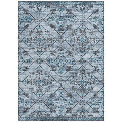 8' X 10' Denim Blue And Ivory Geometric Washable Indoor Outdoor Area Rug