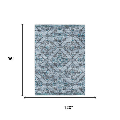 8' X 10' Denim Blue And Ivory Geometric Washable Indoor Outdoor Area Rug