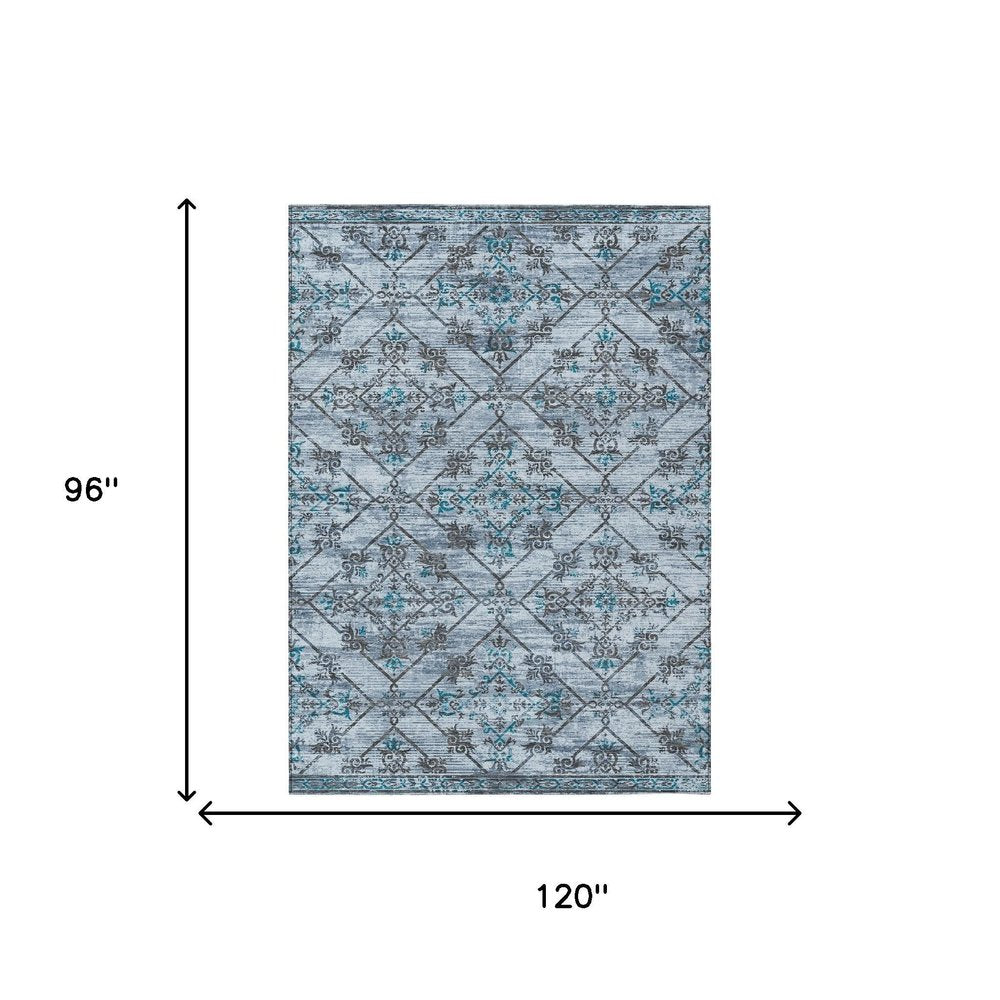 8' X 10' Denim Blue And Ivory Geometric Washable Indoor Outdoor Area Rug — view 6