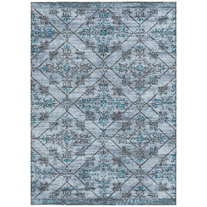 8' X 10' Denim Blue And Ivory Geometric Washable Indoor Outdoor Area Rug