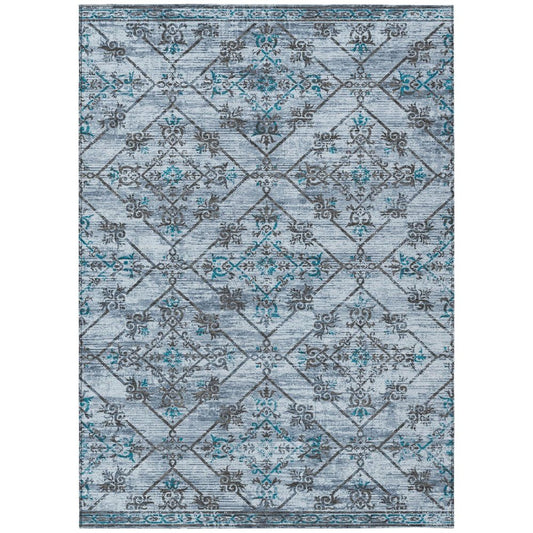 8' X 10' Denim Blue And Ivory Geometric Washable Indoor Outdoor Area Rug