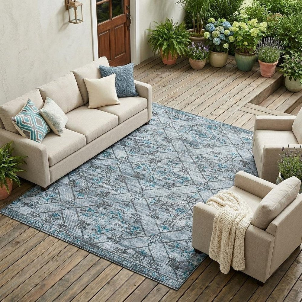 8' X 10' Denim Blue And Ivory Geometric Washable Indoor Outdoor Area Rug HomeRoots
