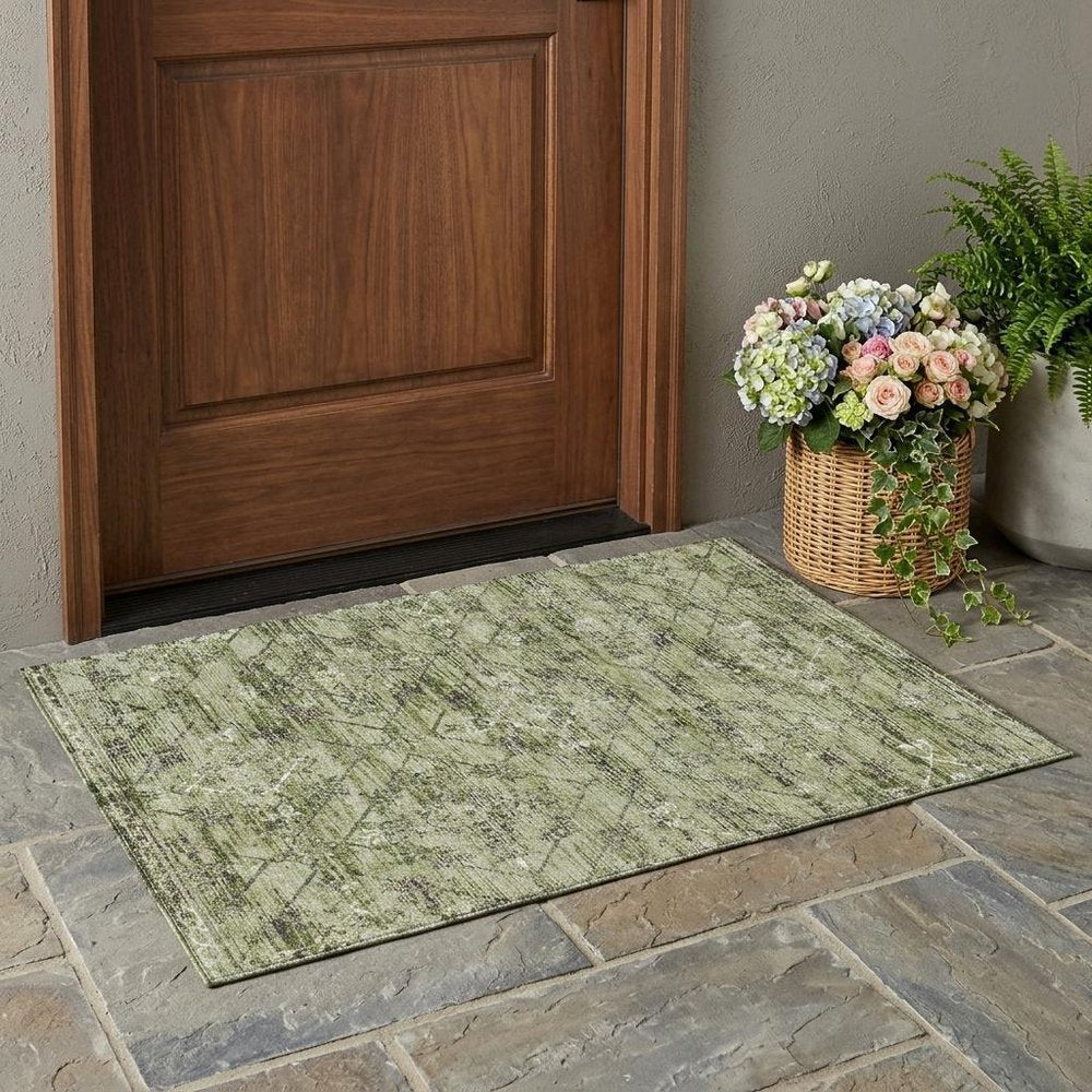 3' X 5' Fern Green And Brown Geometric Washable Indoor Outdoor Area Rug — view 7