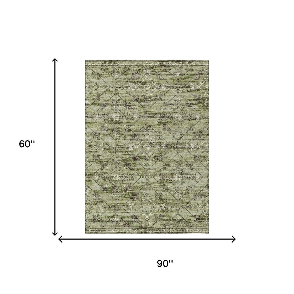 5' X 8' Fern Green And Brown Geometric Washable Indoor Outdoor Area Rug — view 6