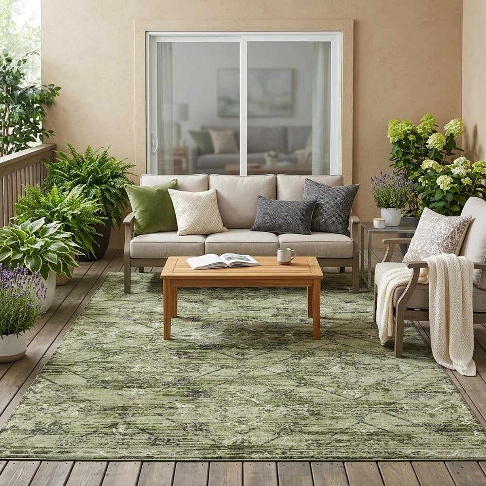 5' X 8' Fern Green And Brown Geometric Washable Indoor Outdoor Area Rug HomeRoots