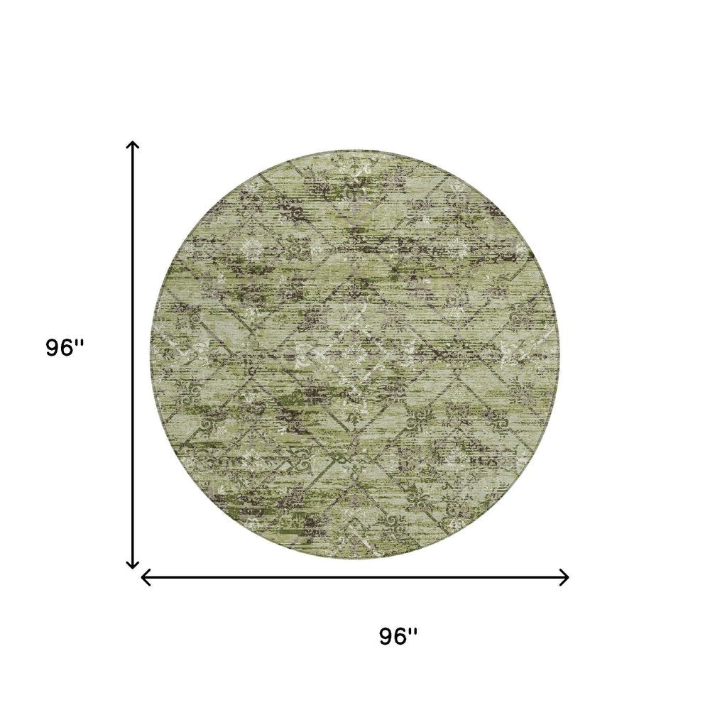 8' Fern Green And Brown Round Geometric Washable Indoor Outdoor Area Rug — view 6