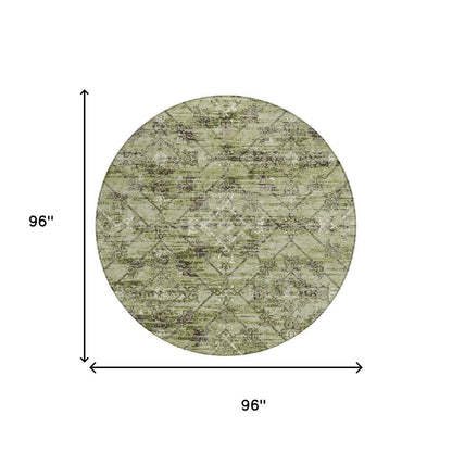8' Fern Green And Brown Round Geometric Washable Indoor Outdoor Area Rug HomeRoots