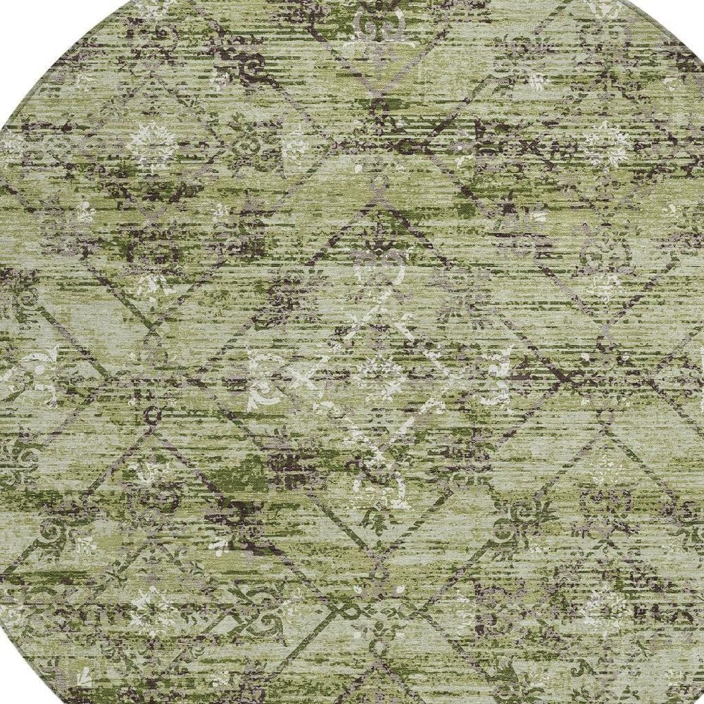 8' Fern Green And Brown Round Geometric Washable Indoor Outdoor Area Rug — view 8