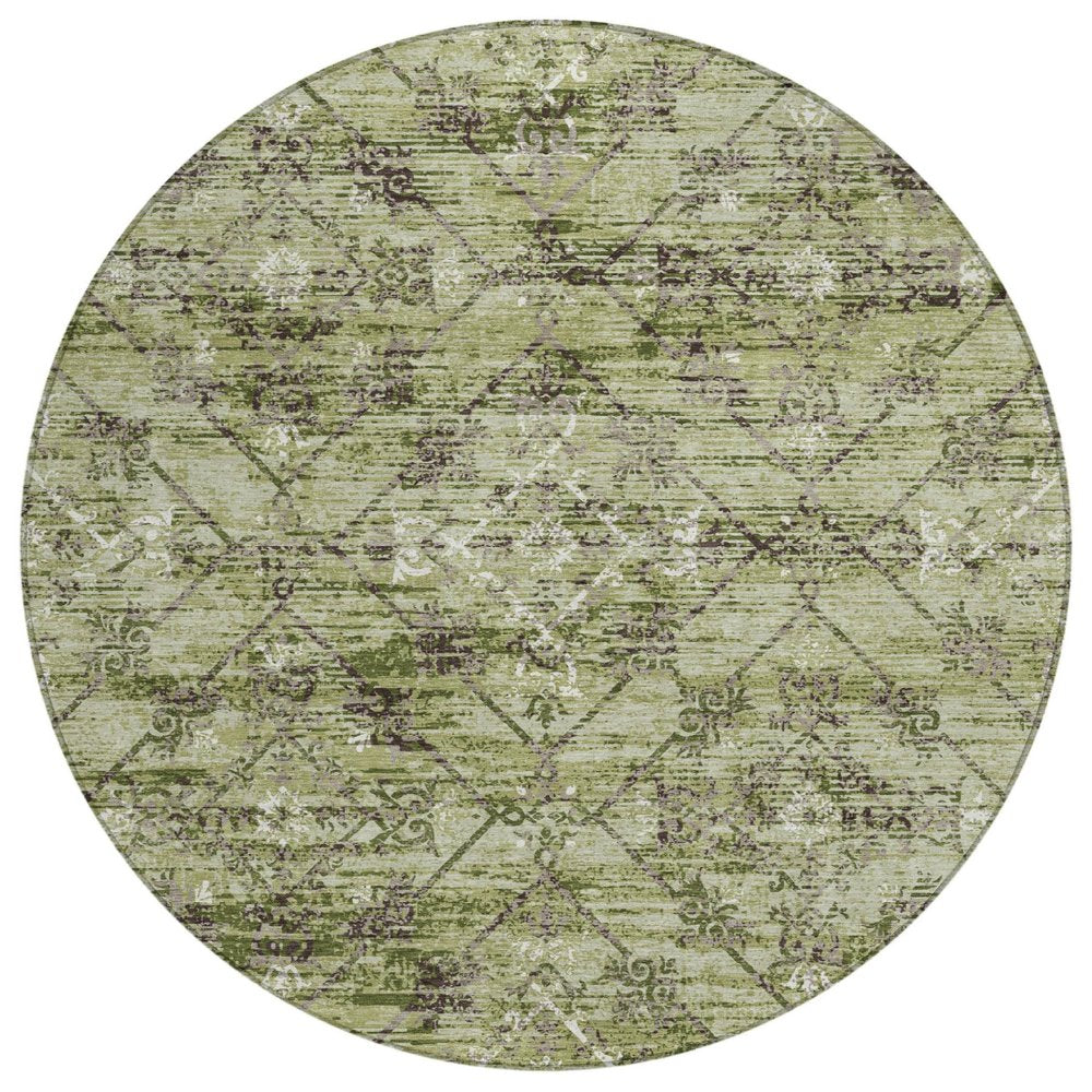 8' Fern Green And Brown Round Geometric Washable Indoor Outdoor Area Rug — view 1