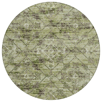 8' Fern Green And Brown Round Geometric Washable Indoor Outdoor Area Rug HomeRoots
