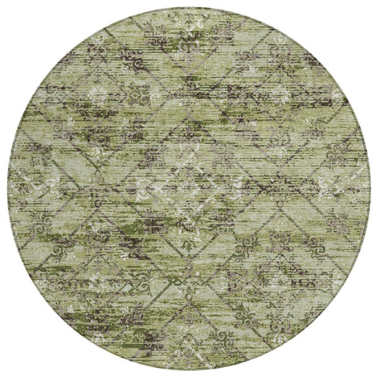 8' Fern Green And Brown Round Geometric Washable Indoor Outdoor Area Rug