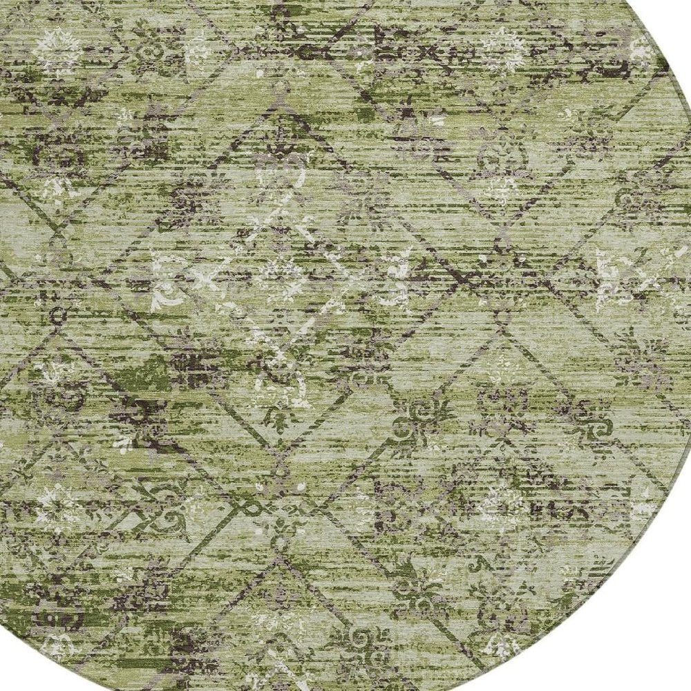 8' Fern Green And Brown Round Geometric Washable Indoor Outdoor Area Rug HomeRoots