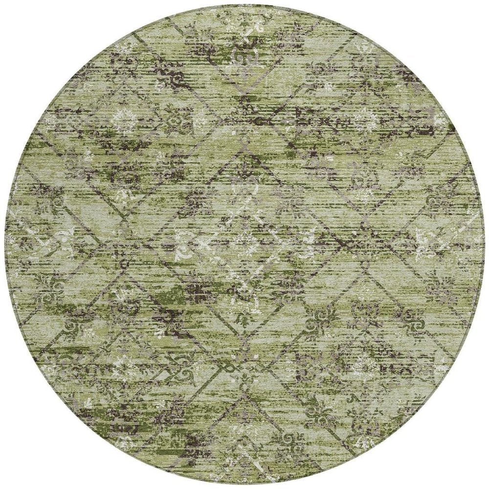8' Fern Green And Brown Round Geometric Washable Indoor Outdoor Area Rug — view 5