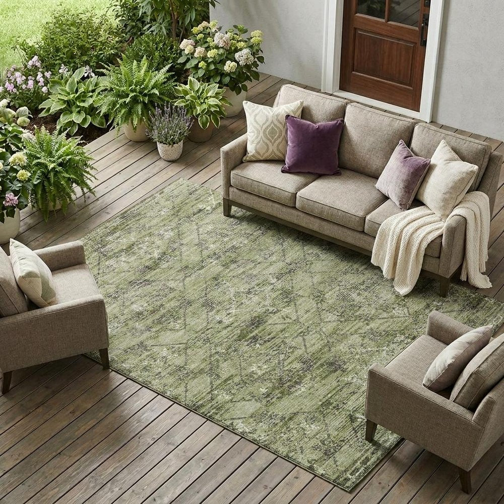 8' X 10' Fern Green And Brown Geometric Washable Indoor Outdoor Area Rug — view 7