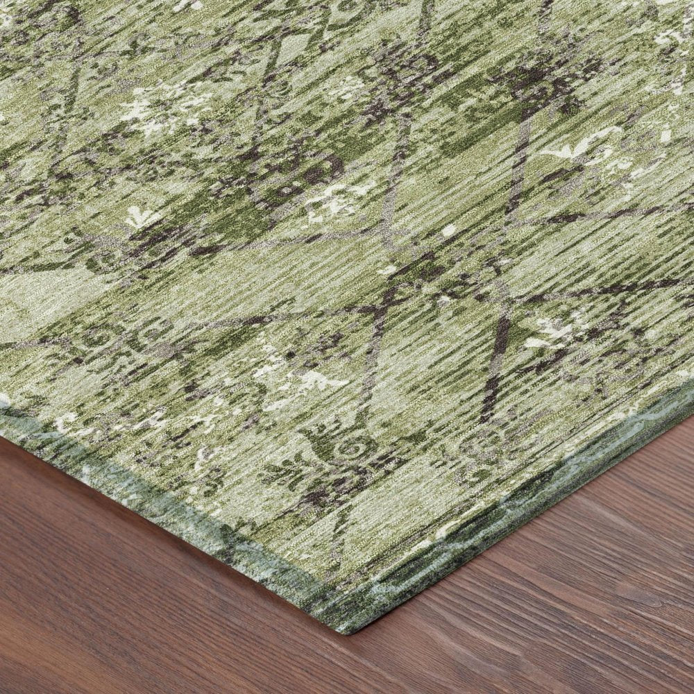 10' X 14' Fern Green And Brown Geometric Washable Indoor Outdoor Area Rug