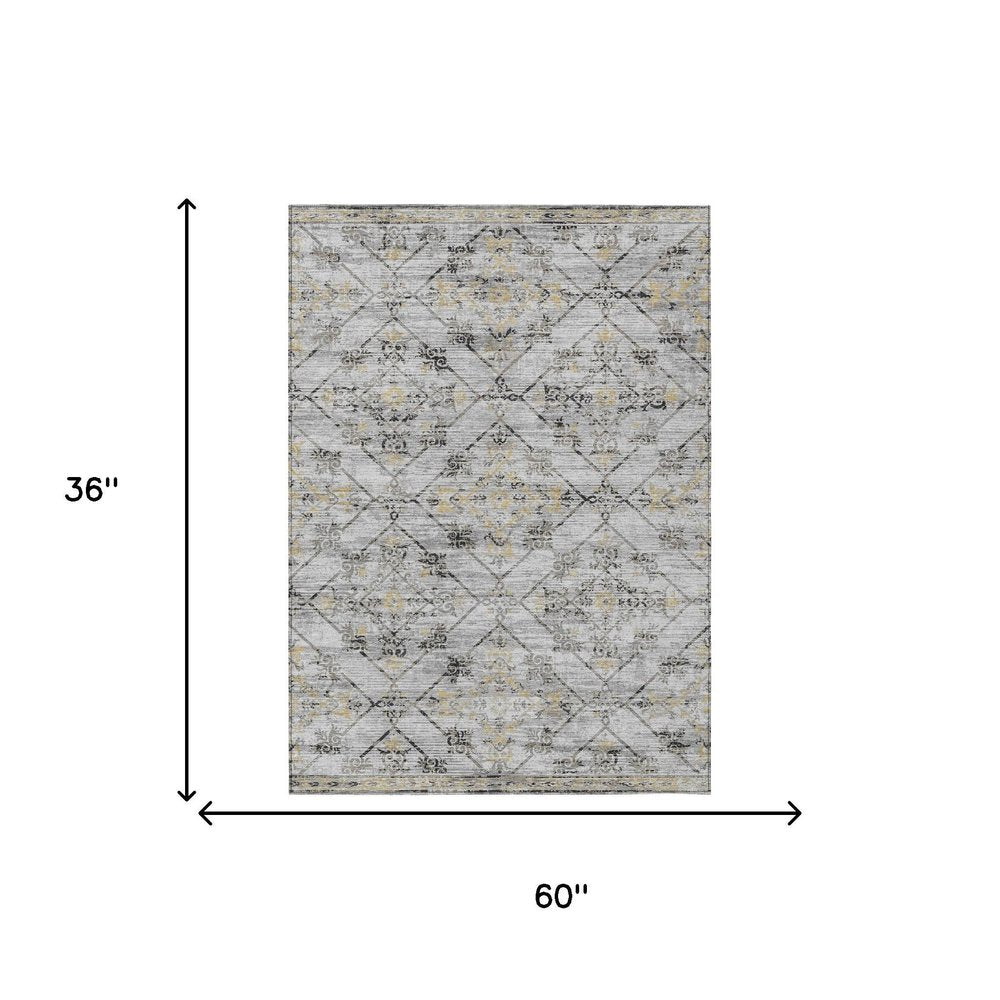 3' X 5' Silver And Ivory Geometric Washable Indoor Outdoor Area Rug HomeRoots