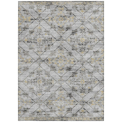 5' X 8' Silver And Ivory Geometric Washable Indoor Outdoor Area Rug
